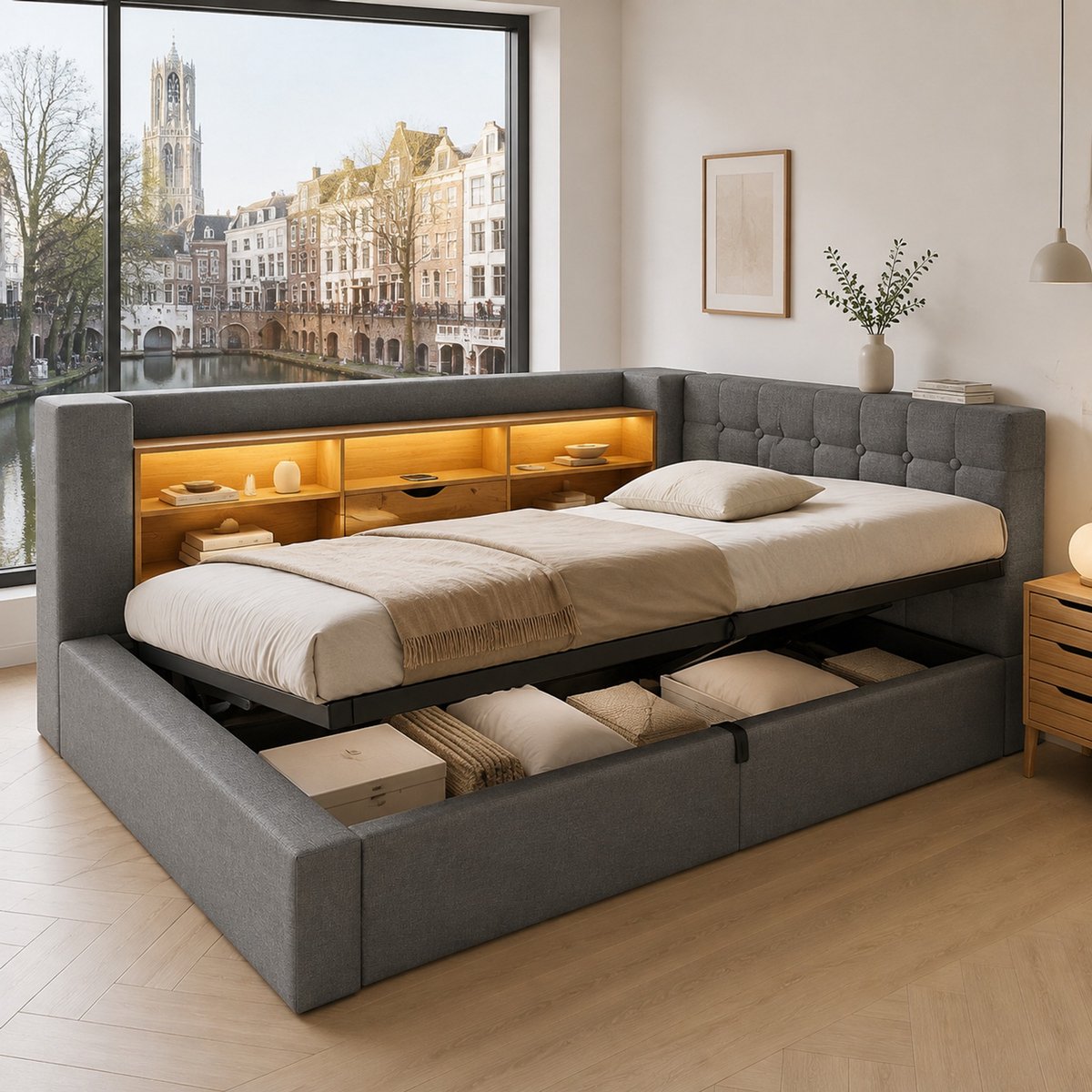 WUVRIE Normaal bed 90x190 cm met LED, opbergruimte en lattenbodem, grijs