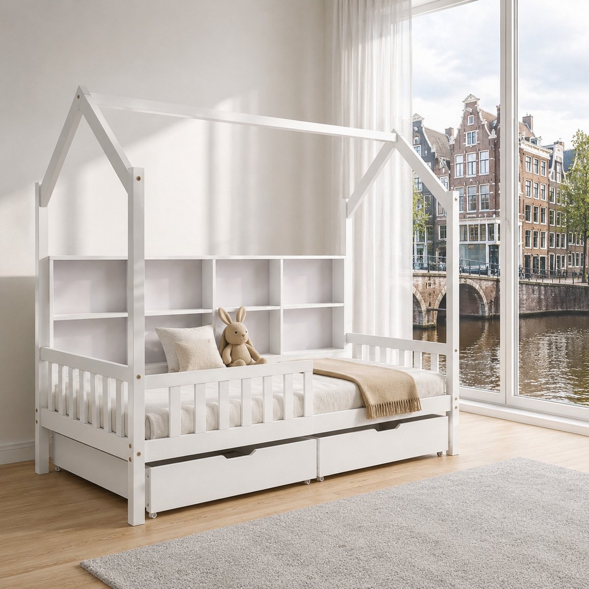 WUVRIE Huisbed 90x200 cm met opbergrek, 2 lades en uitvalbeveiliging, wit