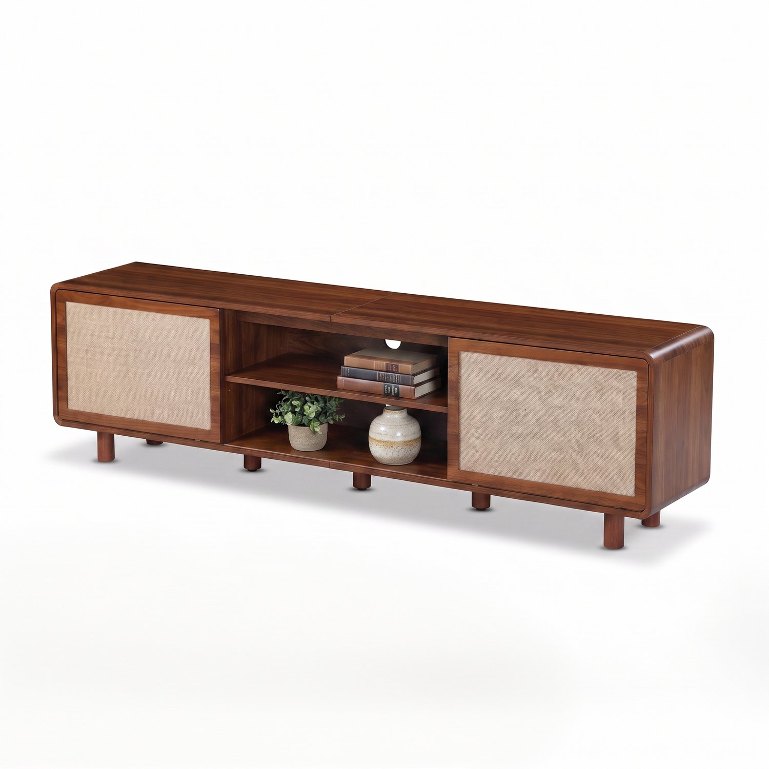 SensaHome Japandi TV-meubel – Lowboard met Rotan Schuifdeuren en Open Middenvak – 178x35x50 cm – Walnoot