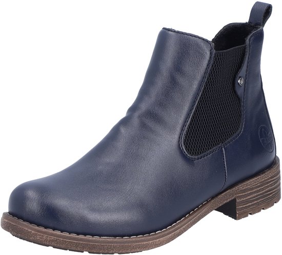 Donkerblauwe Rieker enkellaars in Chelsea-stijl met elastische inzet, hiellus en bruine zool.