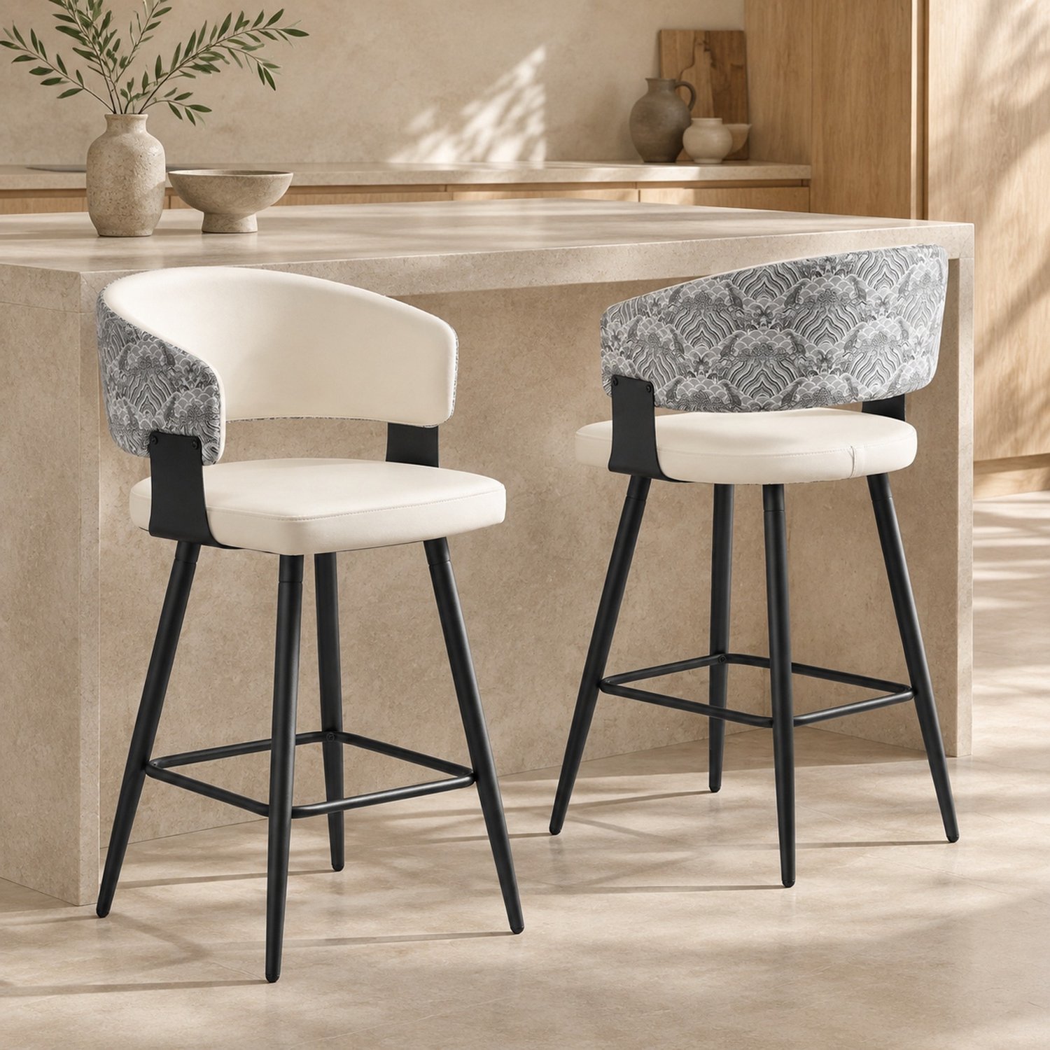 CHICFURN Barkruk - met rugleuning - 47x46,5x94,5 cm - set van 2 - voetsteun - keuken of bar - metaal en kunstleer - wit