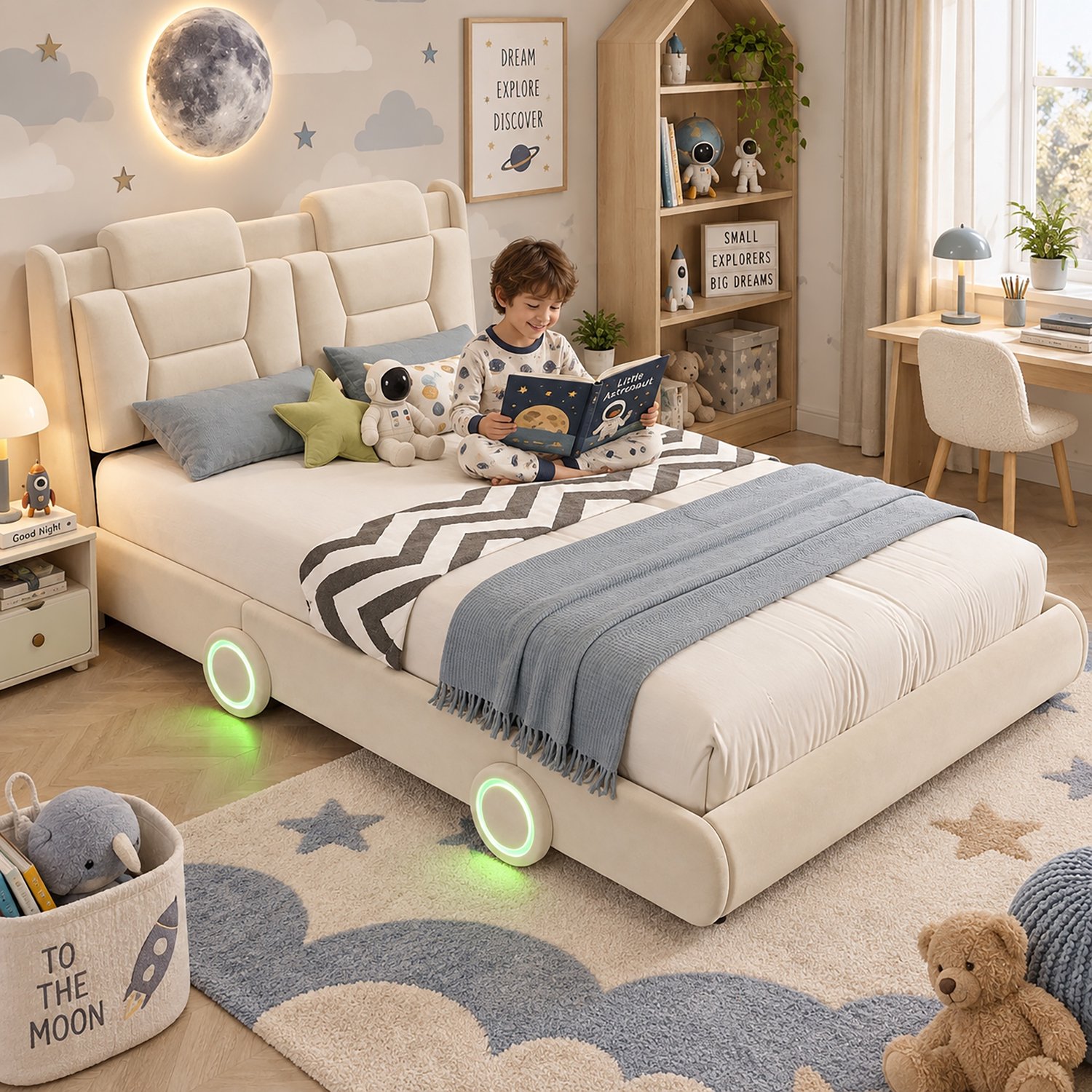 PHOEBE CAT Kinderbed - 140 x 200 cm - auto - In hoogte verstelbaar hoofdeinde - LED-verlichting - Velvet - Crèmewit