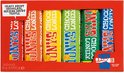Tony's Chocolonely proeverijtje in rode doos met zes kleurrijke chocoladerepen en tekst: Crazy about chocolate.