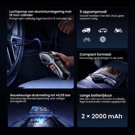 AdroitGoods Elektrische Bandenpomp - Draadloze Luchtcompressor - 150 PSI - 120W - Auto, Fiets, Motor en Bal - Oplaadbaar - Digitale Drukmeter - LED - Geel — afbeelding 5