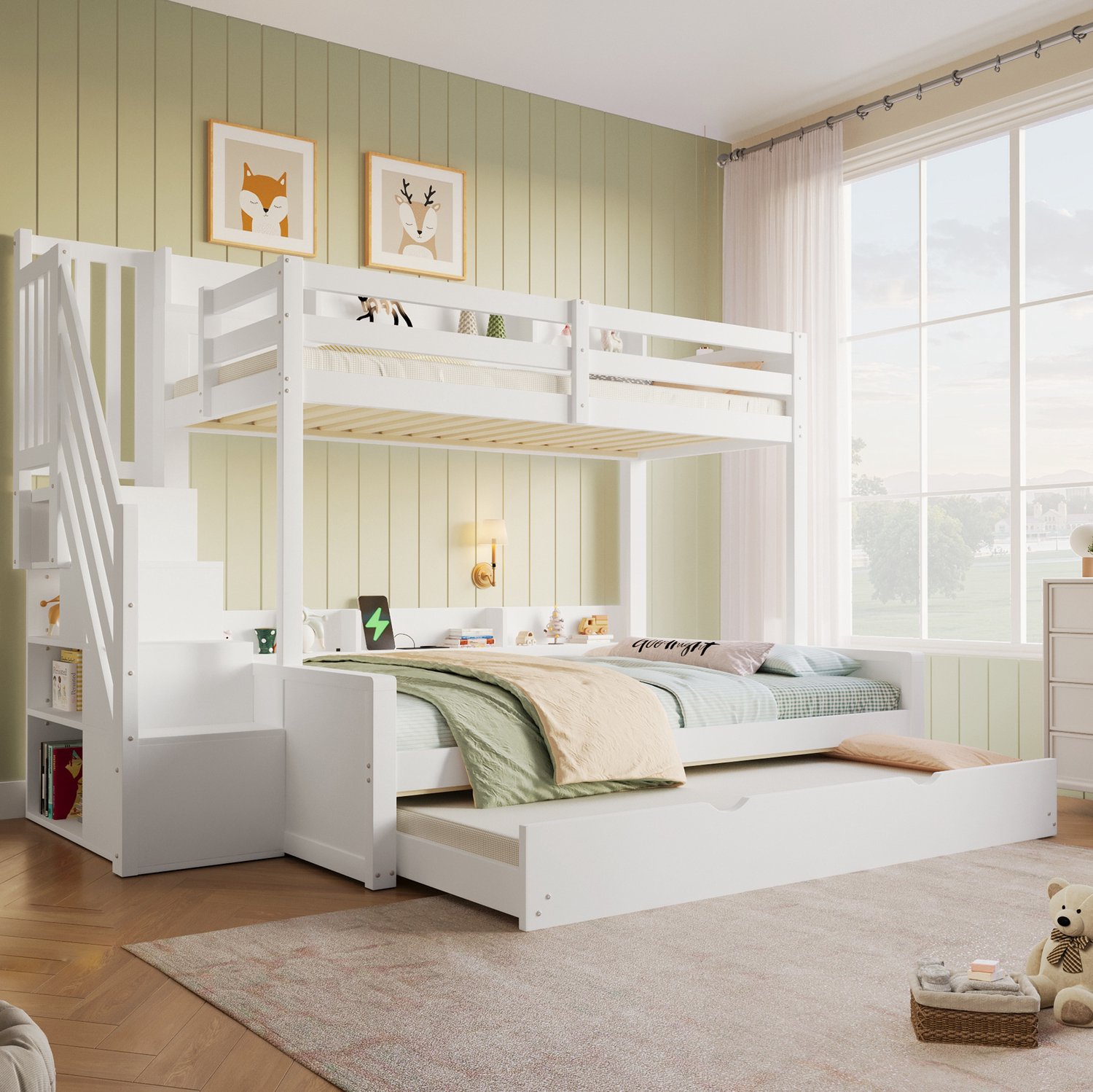 Wishdor Stapelbed 90x200 cm - Onderbed 140x200 cm en uitschuifbed - Opbergtrap met legplanken - USB-aansluiting - Modern design - Kinderkamer en logeerkamer - MDF en hout - Wit