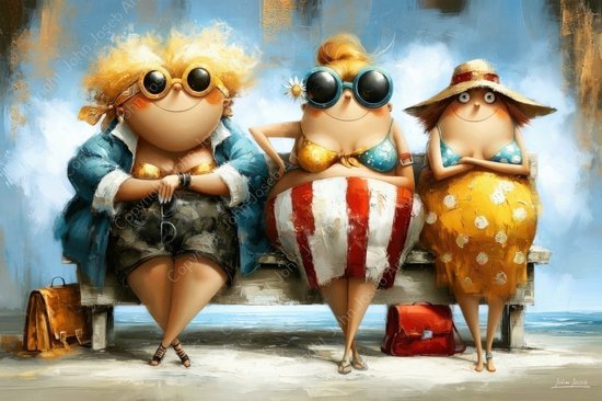 Kunstwerk van drie humoristische vrouwen op een strandbank met zonnebrillen, bikini's, hoed en tassen, gesigneerd John Joseb.