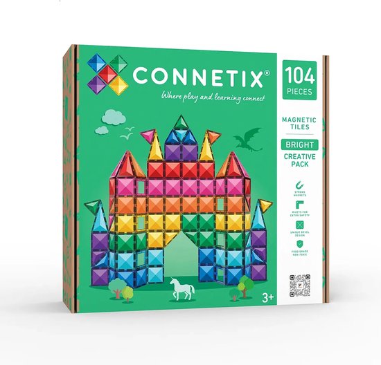 Doos van het Connetix Bright Creative Pack met 104 magnetische tegels, voorzien van een illustratie van een kasteel.
