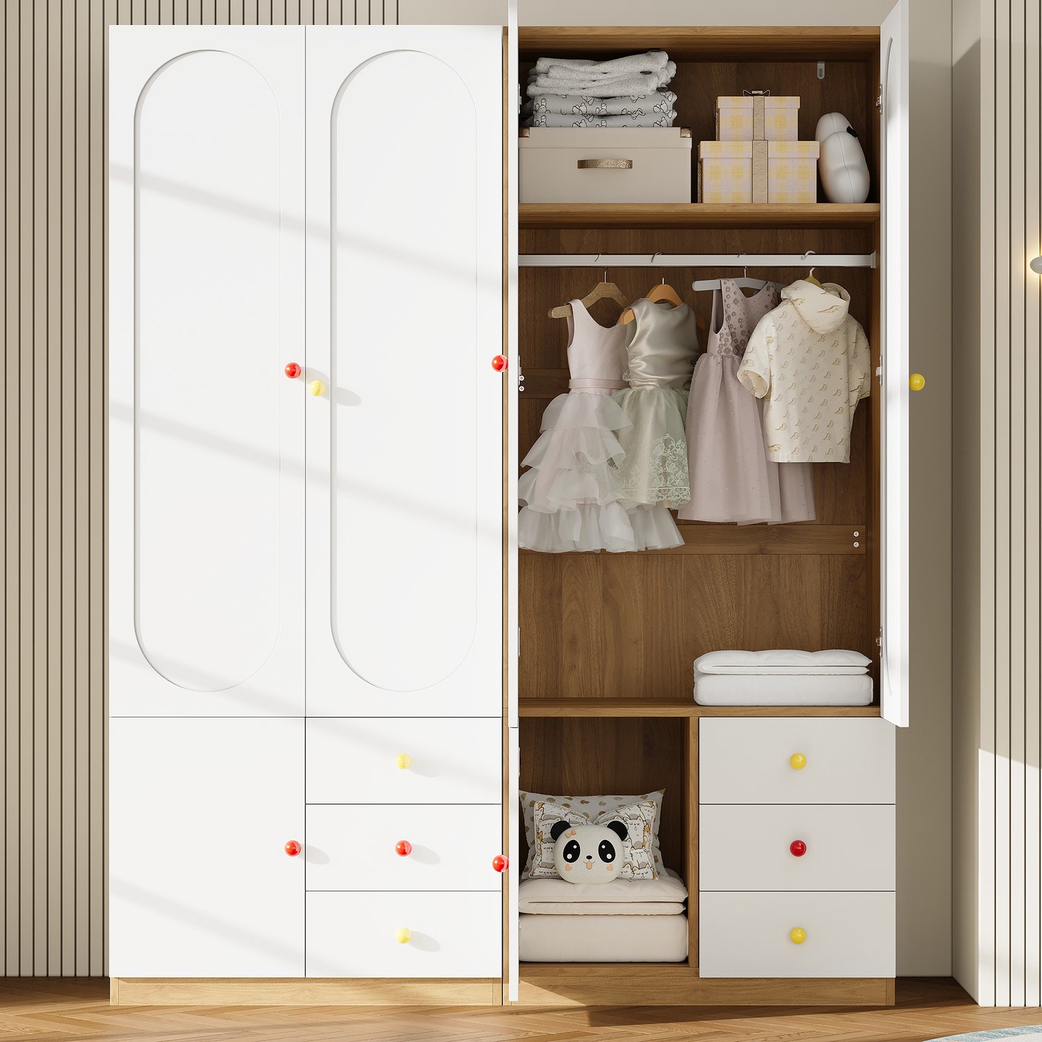 VVBV Kledingkast / Kledingkast met lades 160x50x200 cm – Kledingstang, Set van 2, 2 Deuren – voor Slaapkamer & Garderobe – MDF / Wit