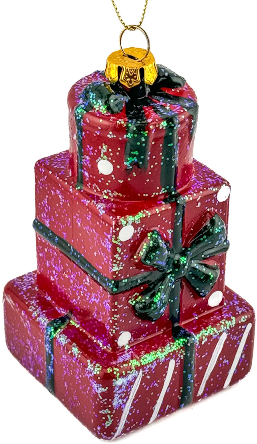 homebound by ky Kersthanger stapel cadeaus glitter | 6,1x6,1x10,7cm | kerst | kerstbal Rood