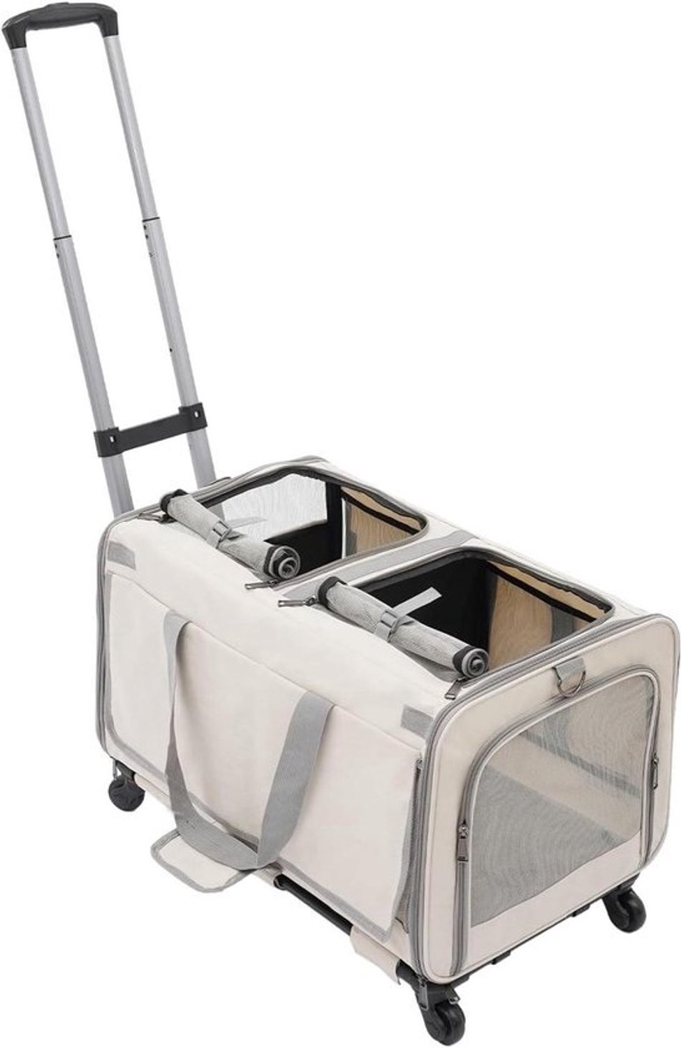 Opvouwbare transportbox voor katten tot 11 kg en honden tot 10 kg - Met 4 afneembare wielen, telescopische handgreep, schouderriem en zijvak - Mobiele kattenbox en hondentas voor op reis