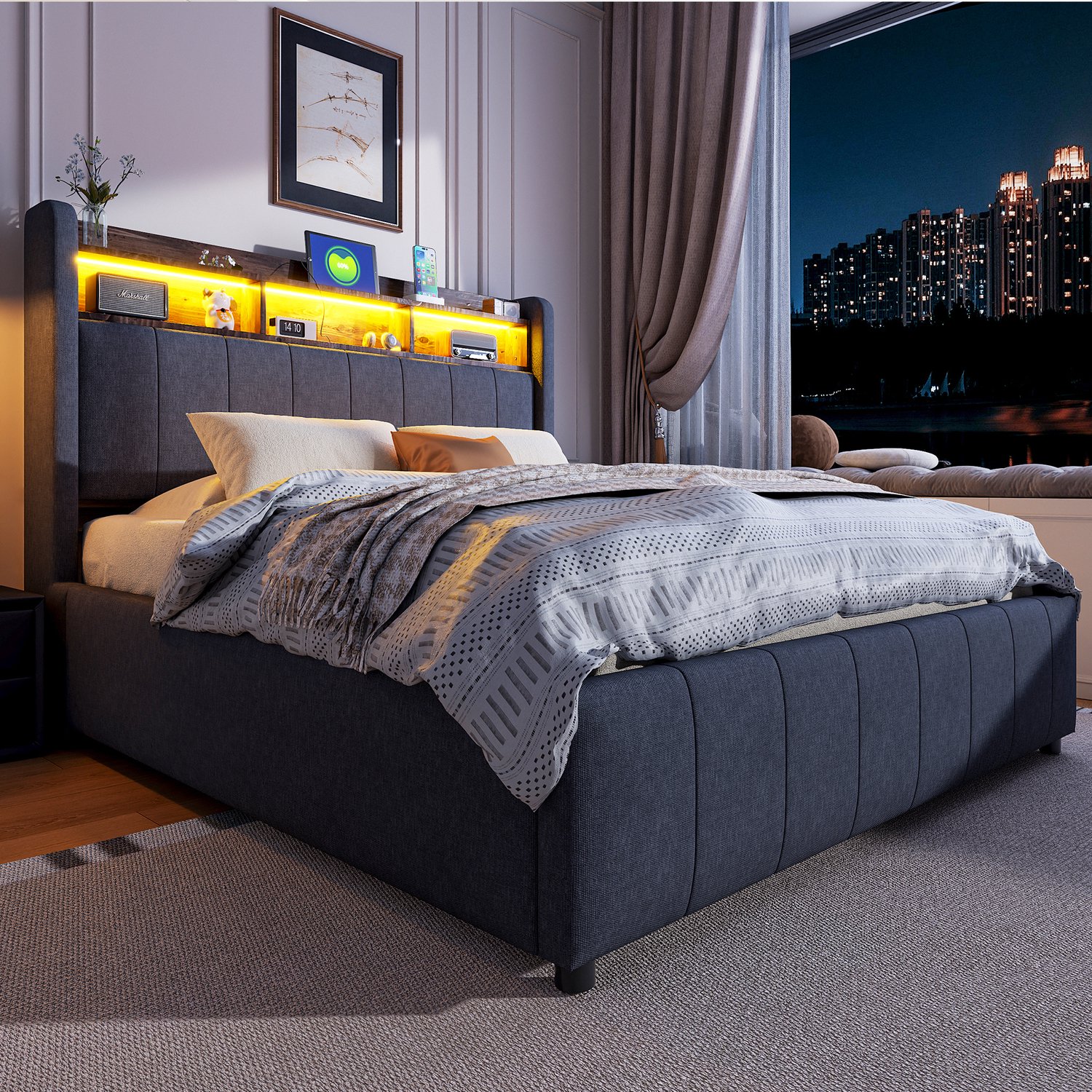 Merax 140x200 cm gestoffeerd bed - met LED-verlichting en USB-aansluiting - met opbergruimte - grijs - zonder matras