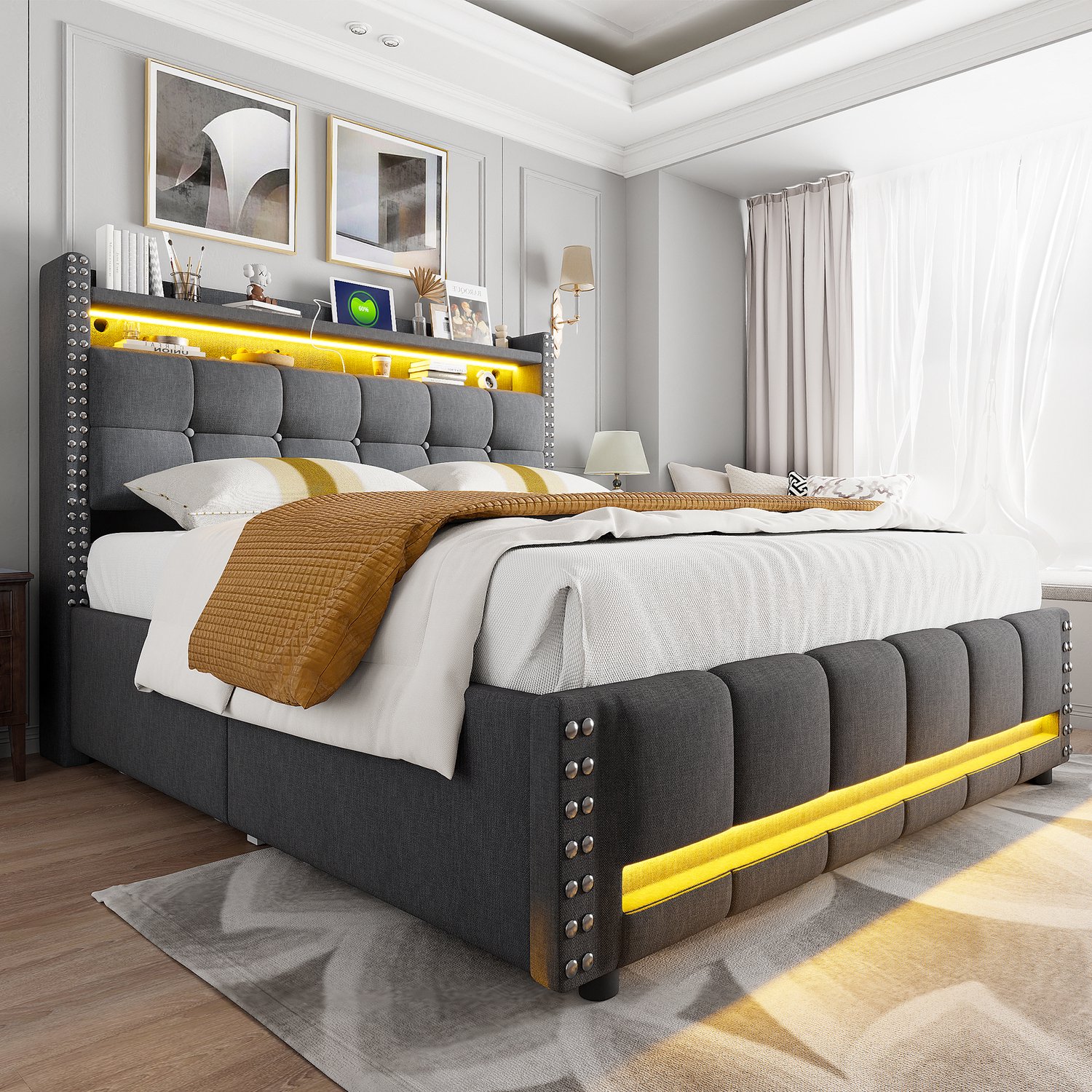 Merax 160x200 cm gestoffeerd bed - met LED-verlichting en USB-poort - met opbergruimte - 4 laden - grijs - zonder matras
