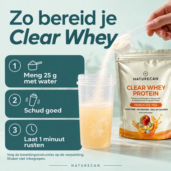 Bereidingsinstructies voor Clear Whey: meng 20g poeder met water en schud goed.
