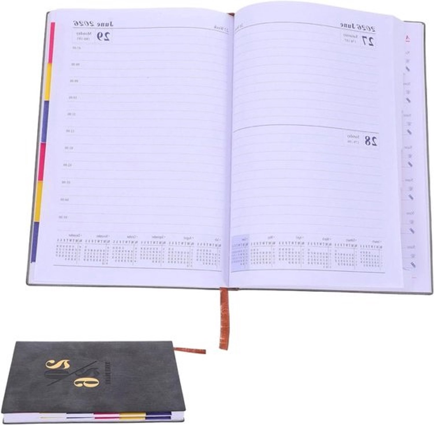 Jaarplanner in notitieboek - Agenda en planner - Dagelijkse planning - Maandelijkse tabbladen - A5-formaat - Zwart