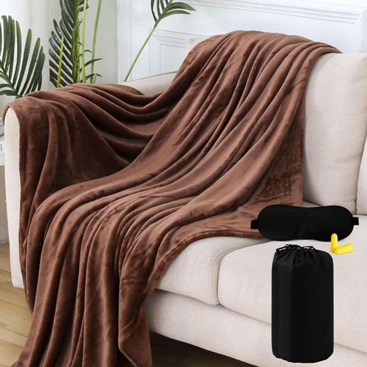 Ultralichte warme reisdeken 200x150 cm - Inclusief slaapmasker en oordopjes voor vliegtuig en camping
