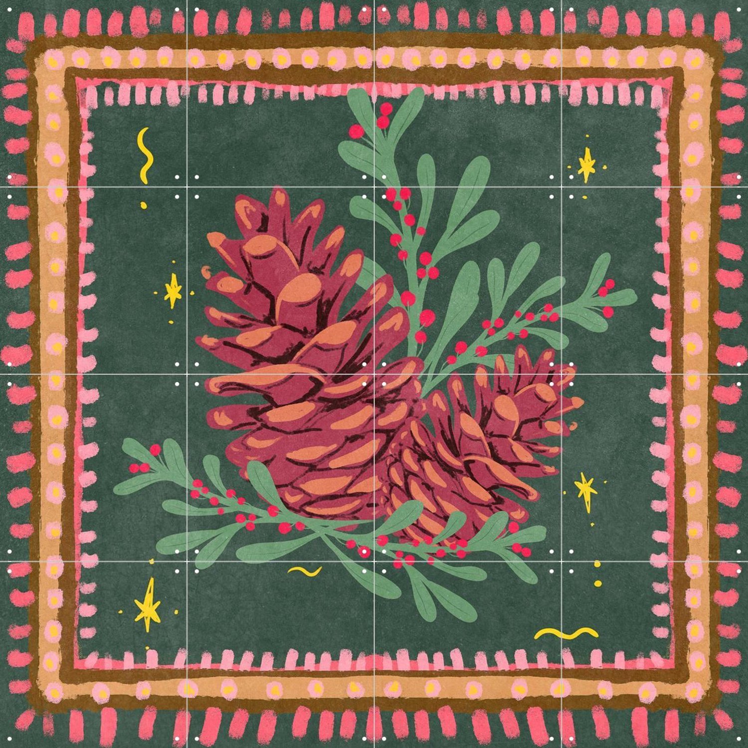 IXXI Tannenzapfen Pinecone, Raissa Oltmanns - 80 x 80 cm - Grote wanddecoratie en posters - Illustraties, Woonkamer, Kerst Bruin / Groen