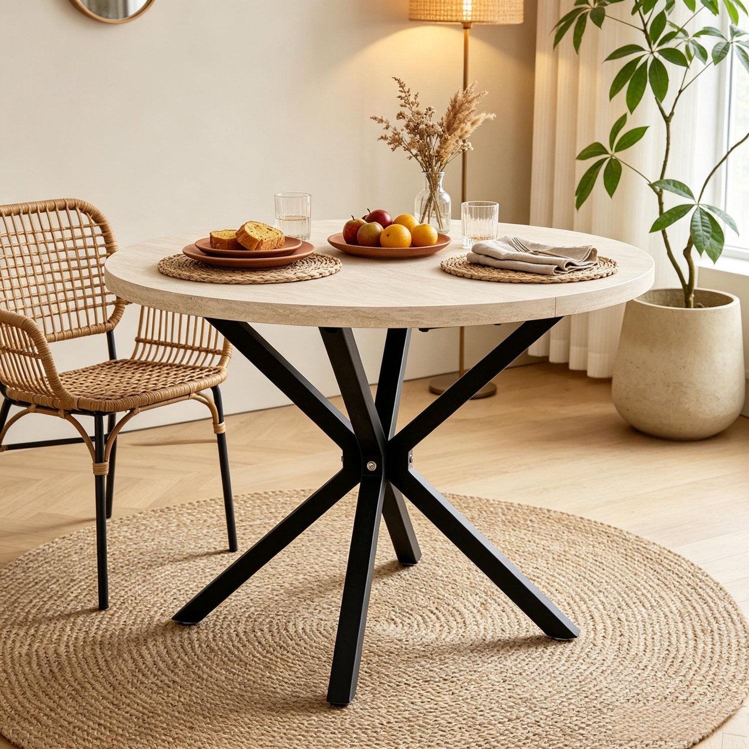 STILVORA Ronde Eettafel - Tafelblad Met Steenlook En Kruisvormig Onderstel - Voor Eetkamer En Woonkamer - Mdf En Metaal - 100x100x76,5 cm Wit