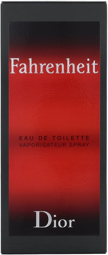 Rechthoekige Dior Fahrenheit verpakking in rood en zwart met witte productinformatie.