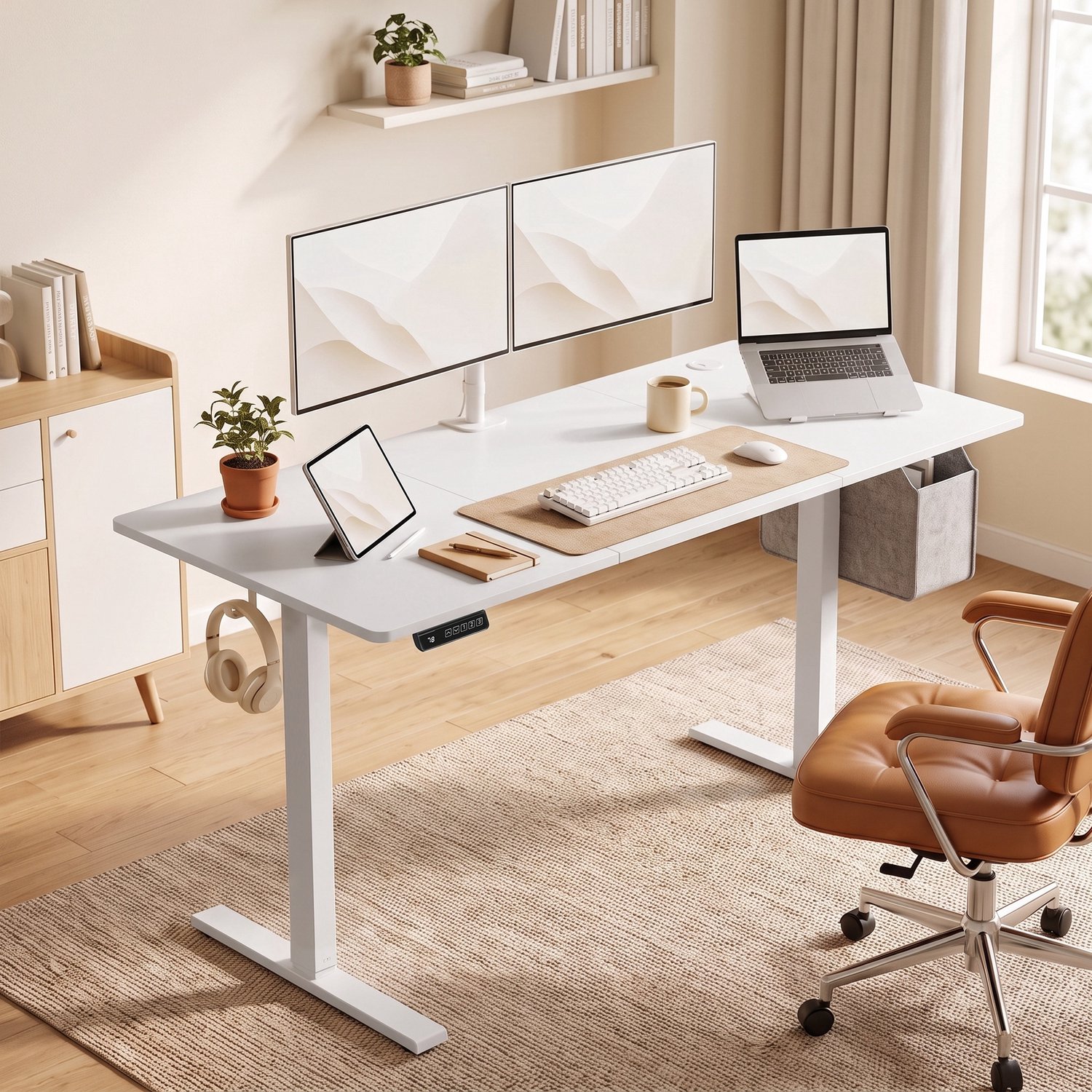 MUVANO Elektrisch zit-sta bureau - Drie geheugenstanden - Stalen onderstel - 140 x 60 cm - Hoogte 72-118 cm - Zittend en staand werken - Thuis en op kantoor wit