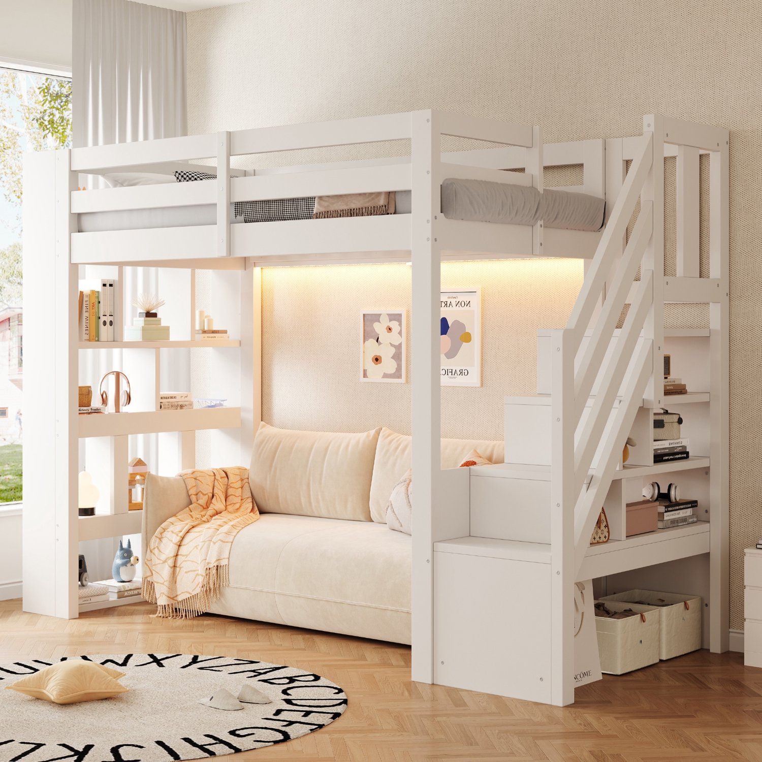 PHOEBE CAT Hoogslaper - 90 × 200 cm - Houten kinderbed - Met opbergplank - Veiligheidshek - LED-verlichting - Wit
