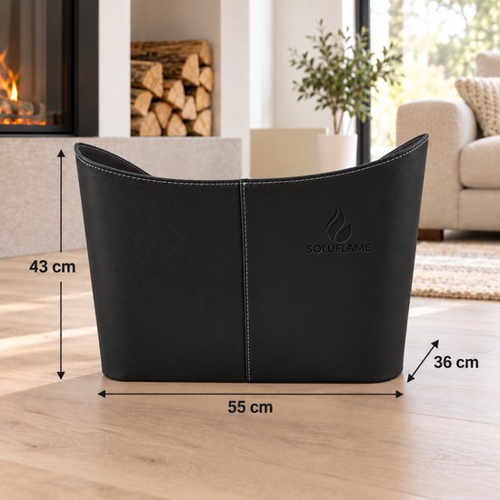 Zwarte Soluflame mand met afmetingen aangegeven: 55 cm breed, 43 cm hoog en 36 cm diep.