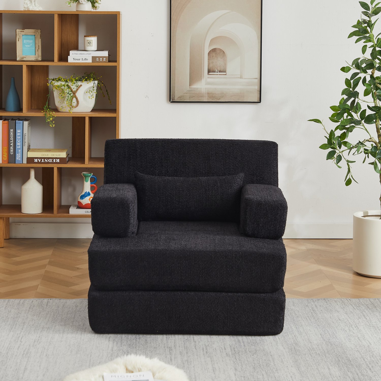 OKWISH Slaapbank 90 x 90 x 80 cm - Opvouwbaar en Modulair - Voor Woonkamer en Logeerkamer - Chenille en IJzer - Zwart