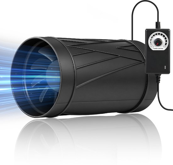 Zwarte inline ventilator met aangesloten snelheidsregelaar die een blauwe luchtstroom genereert op een witte achtergrond.