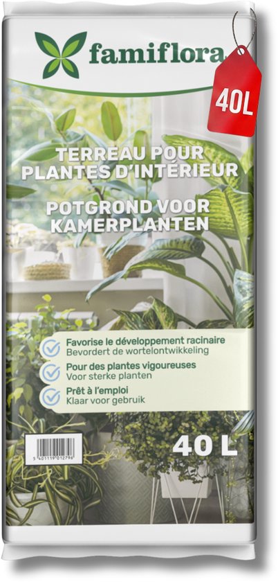 Zak Famiflora potgrond voor kamerplanten van 40L met een rood label en plantinformatie.