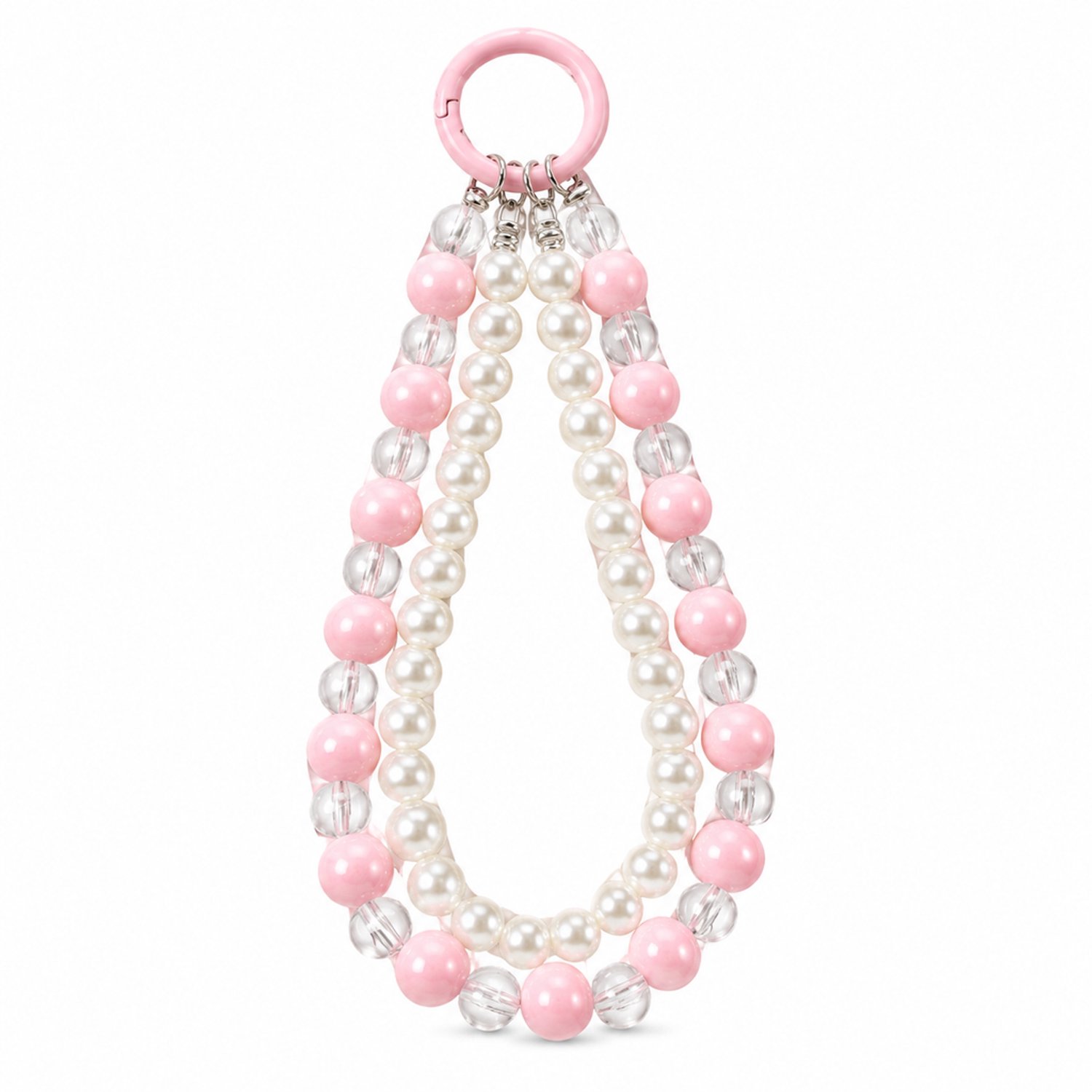 Telefoonkoord roze met dubbele kralenlus en parellook, 15 x 3 cm, korte handgemaakte sleutel- en tashanger, individueel verpakt