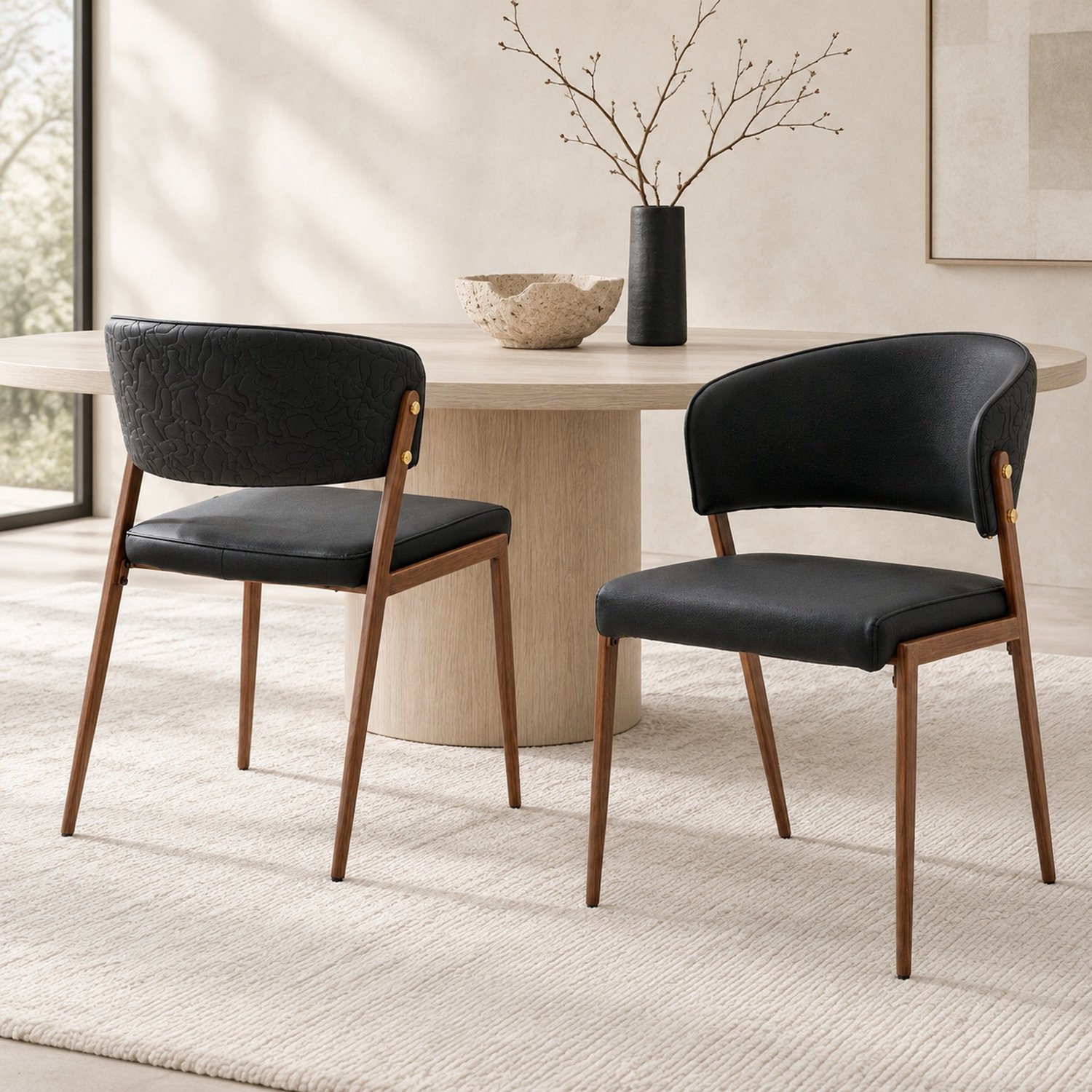 MODFU Eetkamerstoelen Set Van 2 - Gewatteerde Zitting - Gebogen Rugleuning - Metaal - Zwart