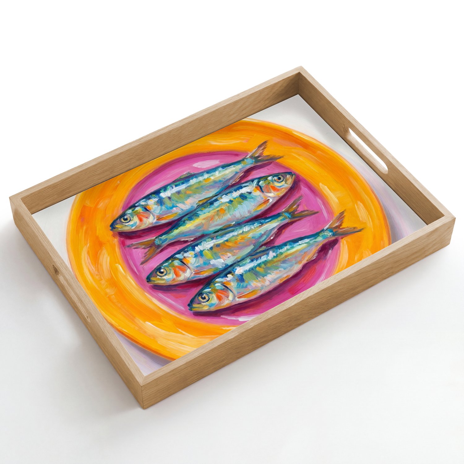 Dienblad hout 50x35 cm - Schootdienblad - Vis - Vier - Eten - Modern - Kleurrijk - Borrelplank rechthoek - Plateau dienbladen