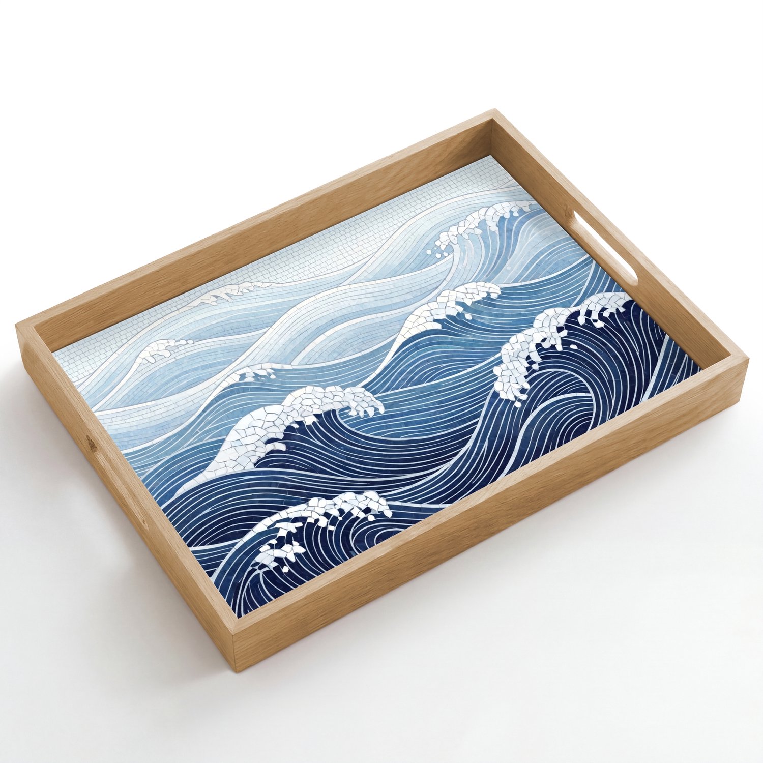 Dienblad hout 50x35 cm - Schootdienblad - Water - Mozaïek - Landschap - Modern - Blauw - Borrelplank rechthoek - Plateau dienbladen