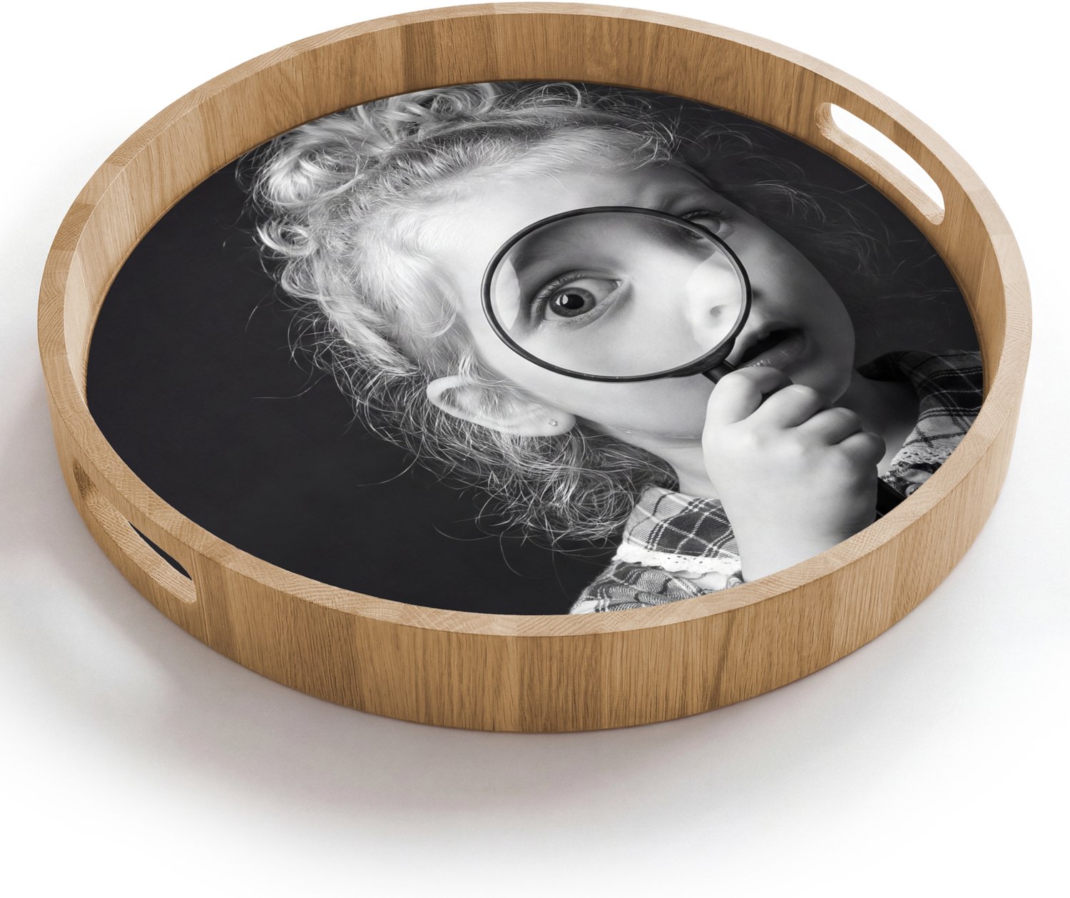 Dienblad rond 40x40 cm - Schootdienblad hout - Kind - Vergrootglas - Portret - Zwart-wit - Borrelplank rechthoek - Plateau houten dienbladen