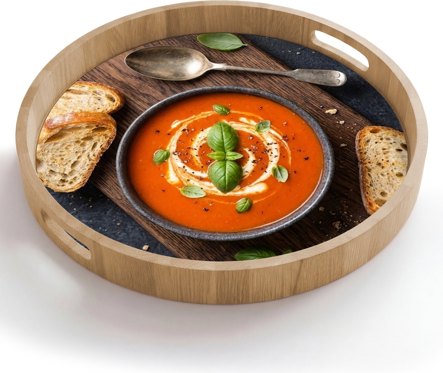 Dienblad rond 50x50 cm - Schootdienblad hout - Eten - Soep - Basilicum - Rustiek - Rood - Borrelplank rechthoek - Plateau houten dienbladen