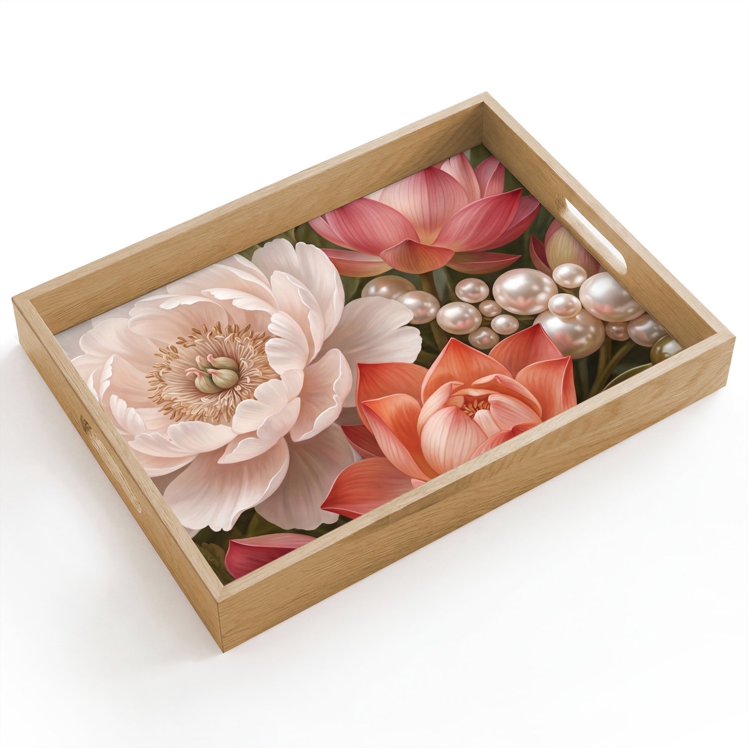 Dienblad hout 40x30 cm - Schootdienblad - Bloemen - Parels - Elegant - Roze - Wit - Borrelplank rechthoek - Plateau dienbladen