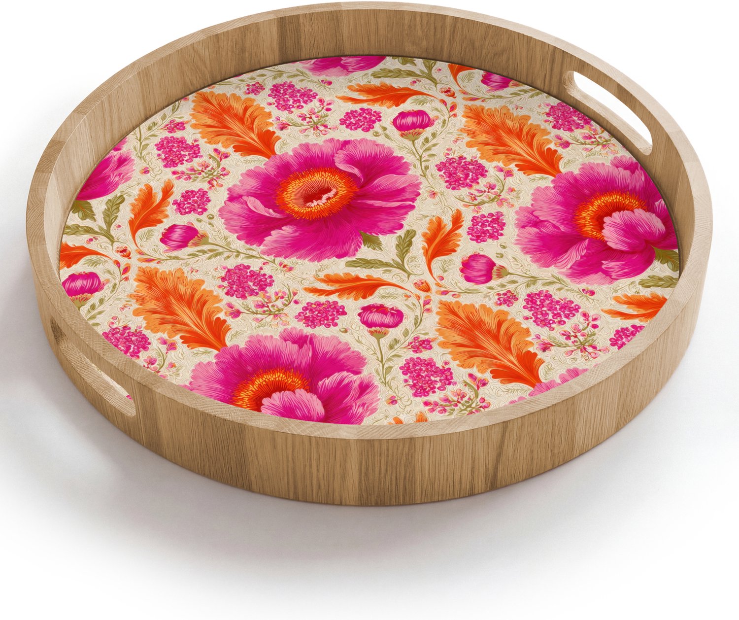 Dienblad rond 40x40 cm - Schootdienblad hout - Bloemen - Barok - Roze - Oranje - Borrelplank rechthoek - Plateau houten dienbladen