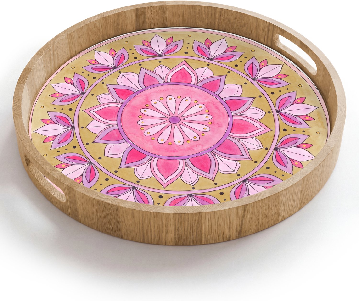 Dienblad rond 40x40 cm - Schootdienblad hout - Mandala - Patroon - Kunst - Aquarel - Roze - Borrelplank rechthoek - Plateau houten dienbladen