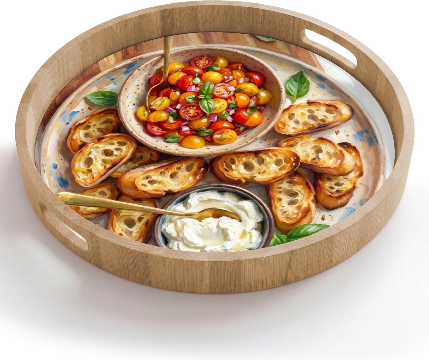 Dienblad rond 50x50 cm - Schootdienblad hout - Eten - Tomaat - Brood - Kleurrijk - Keuken - Borrelplank rechthoek - Plateau houten dienbladen