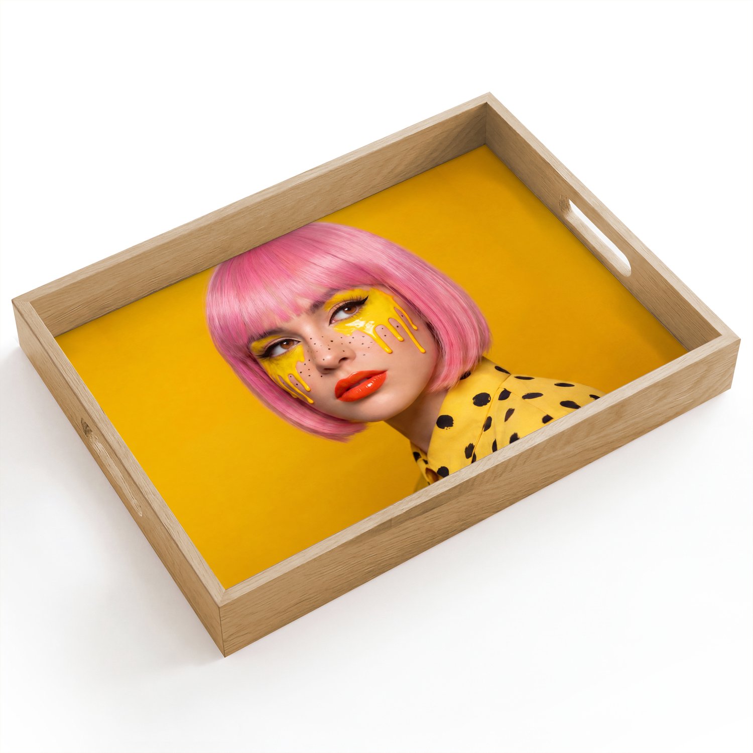Dienblad hout 40x30 cm - Schootdienblad - Vrouw - Portret - Abstract - Kleurrijk - Geel - Borrelplank rechthoek - Plateau dienbladen