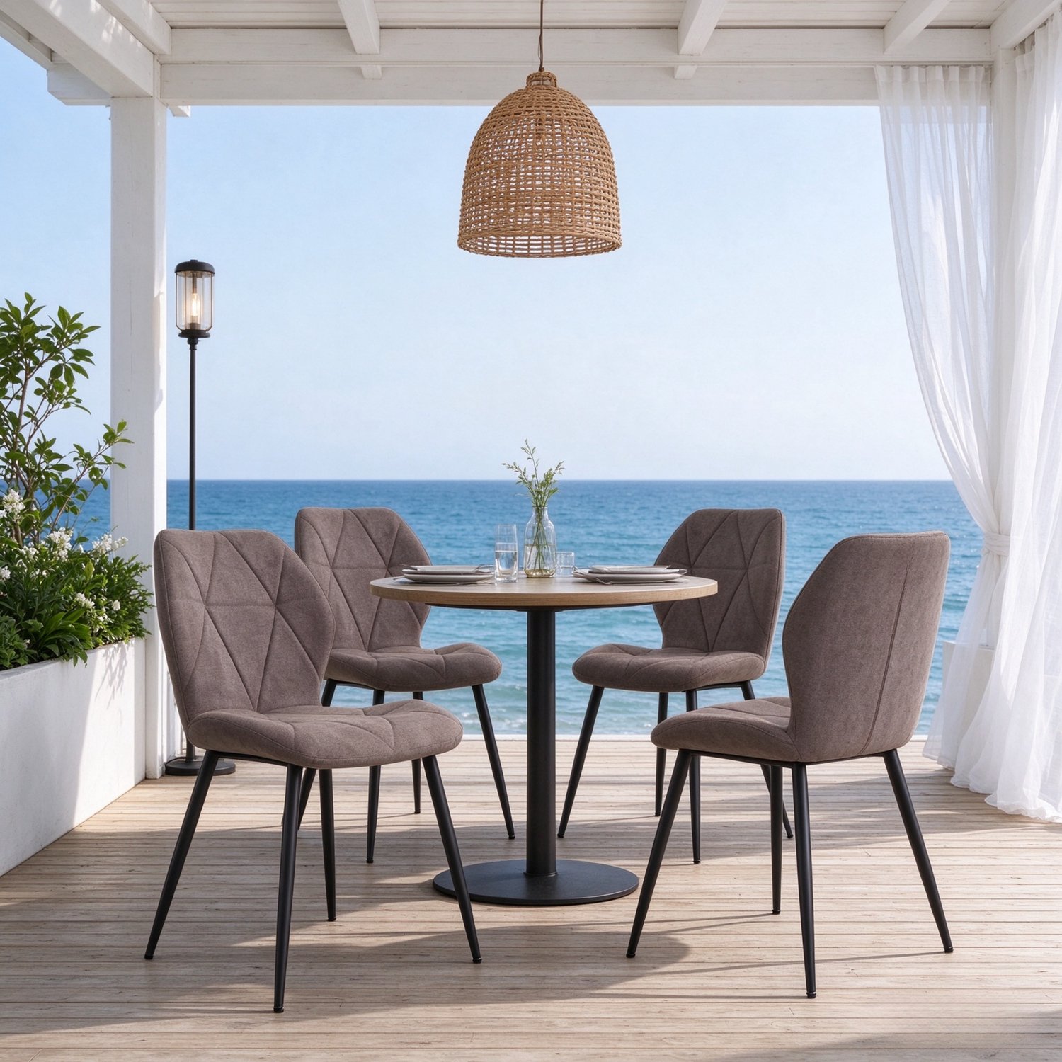FloraGrace Eetkamerstoelen Set van 4 - Zacht Gestoffeerd - Voor Eetkamer en Restaurant - Linnen en Metaal - Bruin met Zwarte Poten Grijsbruin