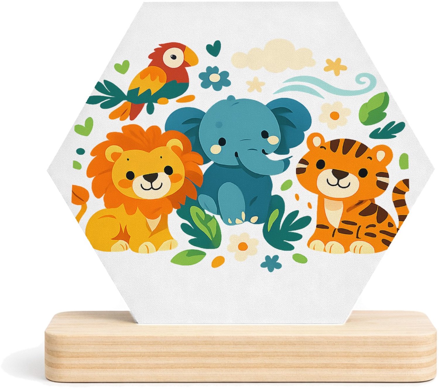 Mr Cadeautjes MDF fotolijst/inleg hexagon 14 x 13 - design Speelse bosdieren op een zachte avondlucht | cadeau Wit