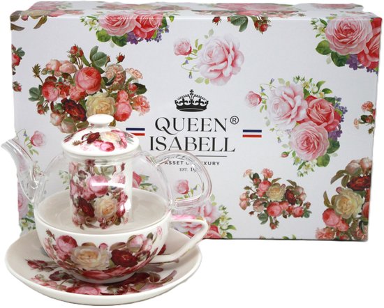 Queen Isabell theeset met kop, schotel en glazen theepot voor een geschenkdoos met bloemenpatroon.