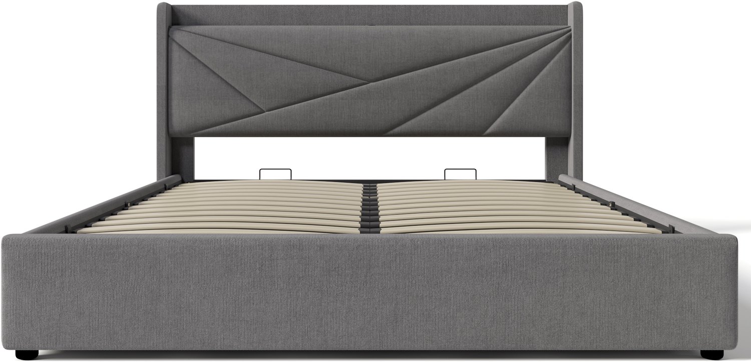 MUVANO Tweepersoonsbed met opbergruimte - Gestoffeerd bed met matras - USB en Type-C - Katoen-linnen - 140 x 200 cm - Voor de slaapkamer - Grijs