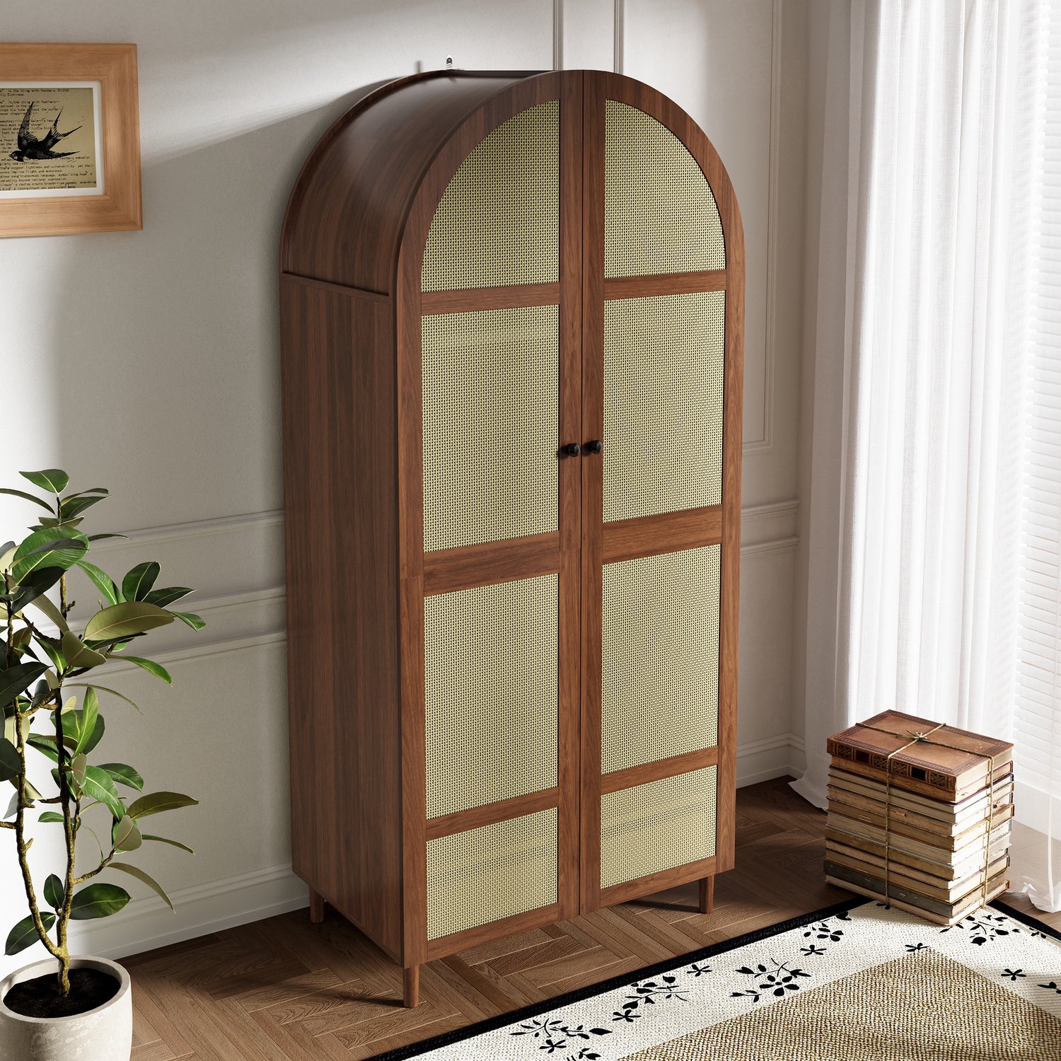 Wishdor Kledingkast met gebogen deuren - Rotan deurpanelen en kledingroede - Legplanken en onderste lades - Modern voor slaapkamer en hal - MDF en bewerkt hout - Walnootkleur - 80 x 50 x 179 cm