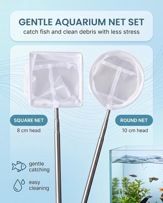 Aquarium Schepnet Set - Groot Vierkant en Rond - Telescopische Handgreep - Voor Stressvrije Vangst van Vissen — afbeelding 2