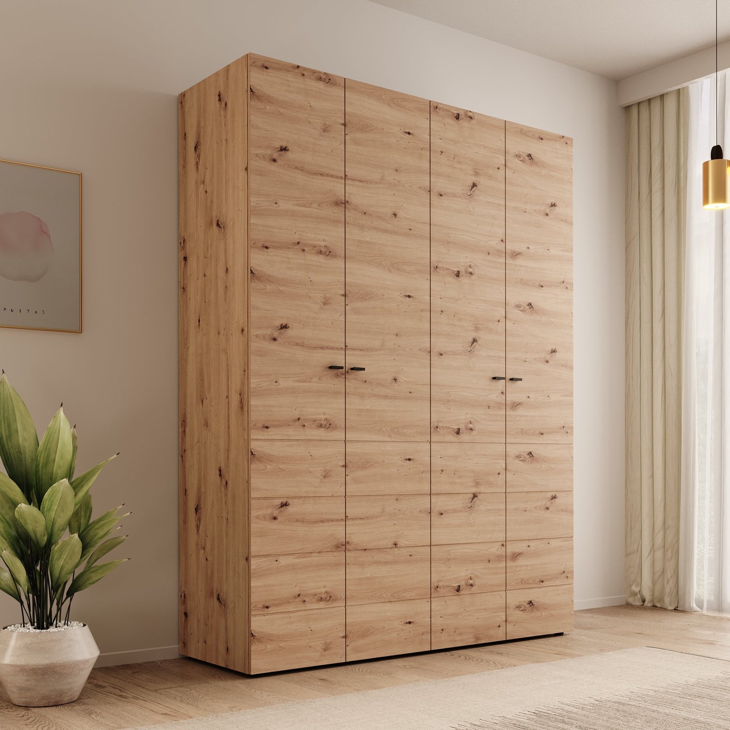 MEUBELLA Nouran - Kledingkast met 4 deuren - Eiken - 155x52x208 cm