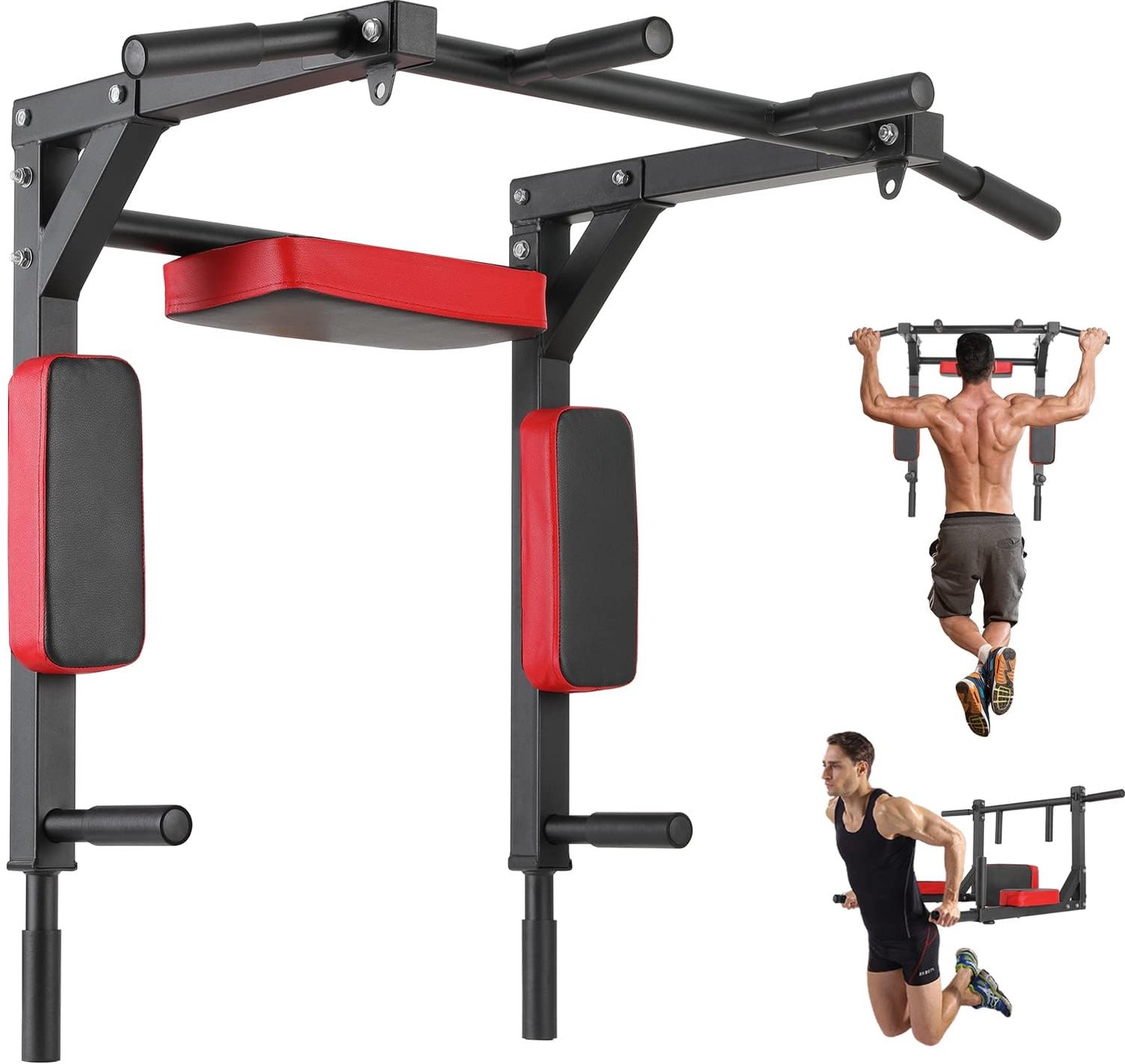 LIFERUN Optrekstang voor aan de Muur - Pull up Bar - trainingshouder met multifunctioneel - tot 200 kg - multigrip - Zwart en rood