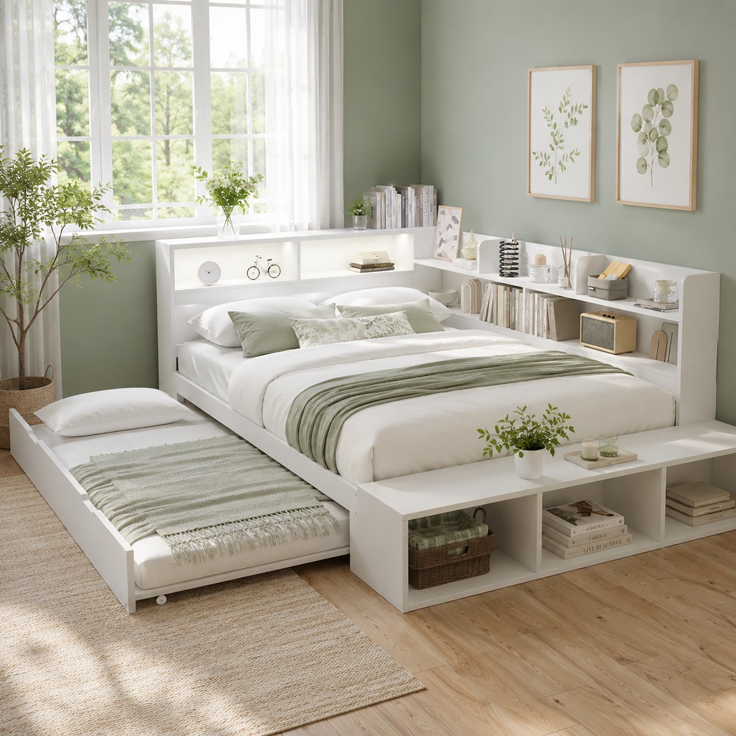 Zubaliya Bed met uitschuifbed - 120 x 200 / 90 x 190 cm - Wit - LED, opbergvakken en zitbank