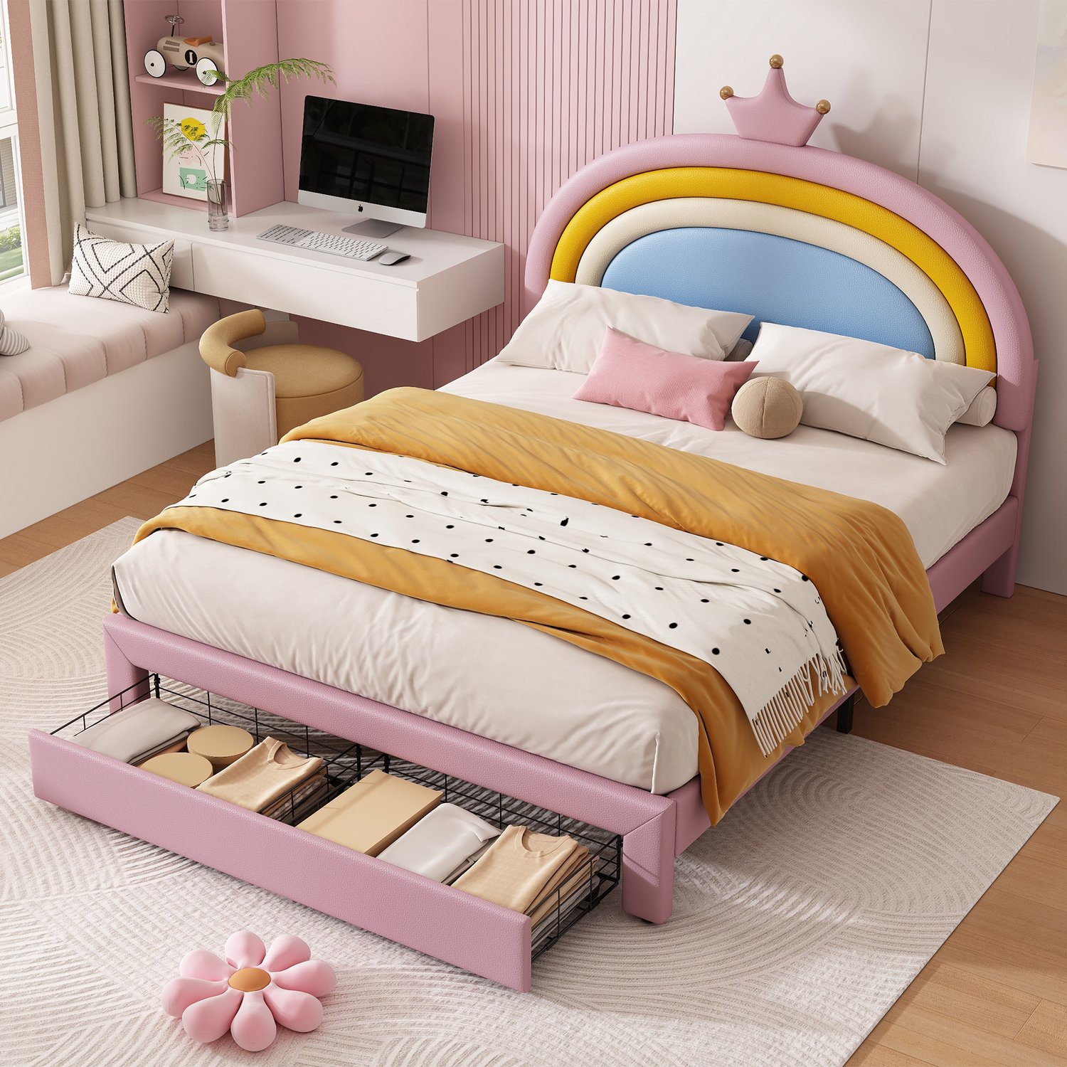 Zubaliya Gestoffeerd kinderbed - 140 x 200 cm - Roze - Regenbooghoofdbord en opberglade
