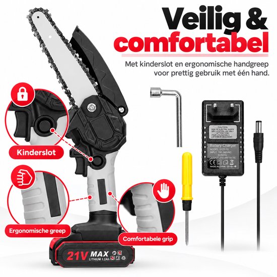 Mini kettingzaag - Mini accu kettingzaag 21V 6 inch – Snoeizaag – Takkenzaag – Handzaag - 5 m/s, borstelloze motor, veiligheidsslot - Zwart/grijs - ABS + metaal - Voor snoeien en houtzagen — afbeelding 4